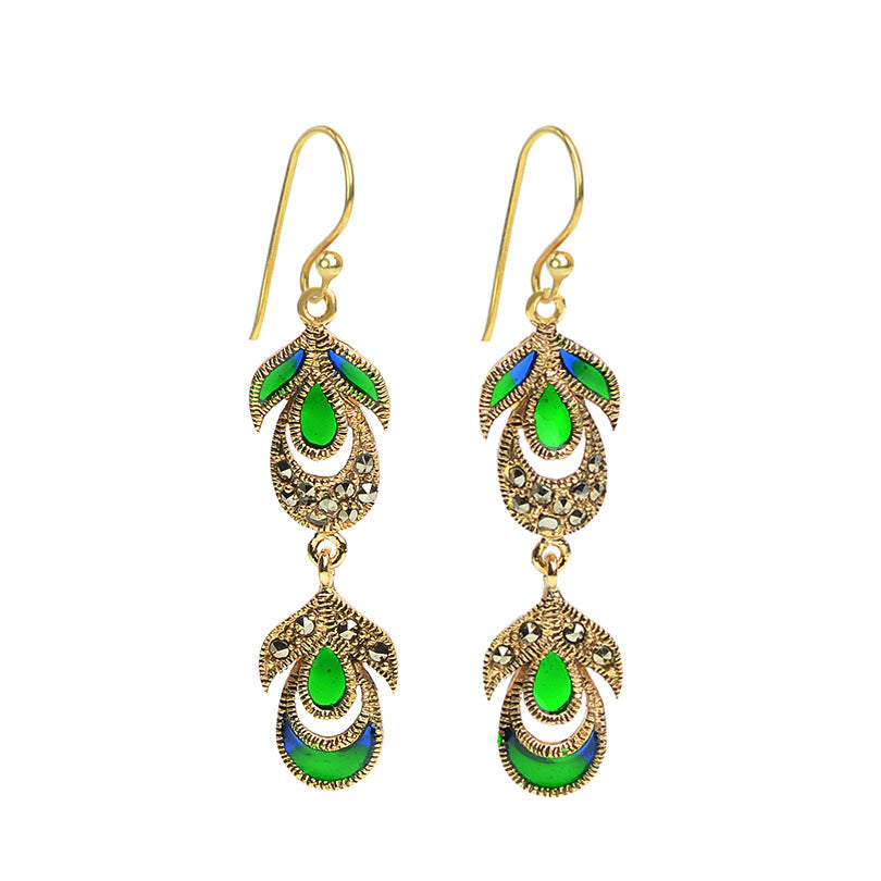 Vibrant Green 14kt Gold Plated  Peacock Earrings with Gold Filled Hooks