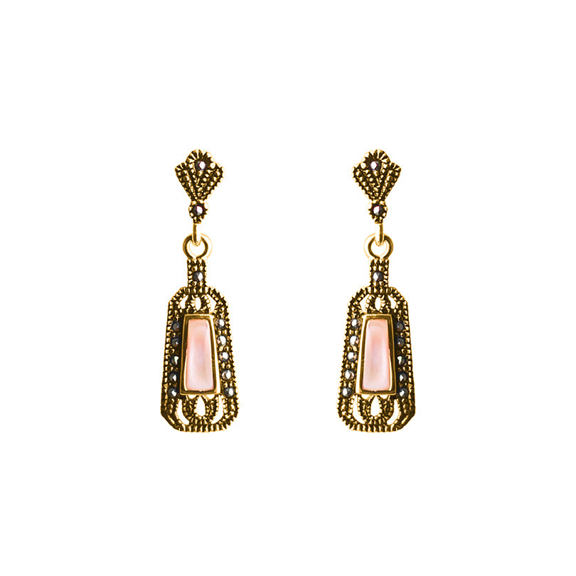 Petite La Reina 14kt Gold Plated Pink Mother of Pearl and Marcasite Earrings