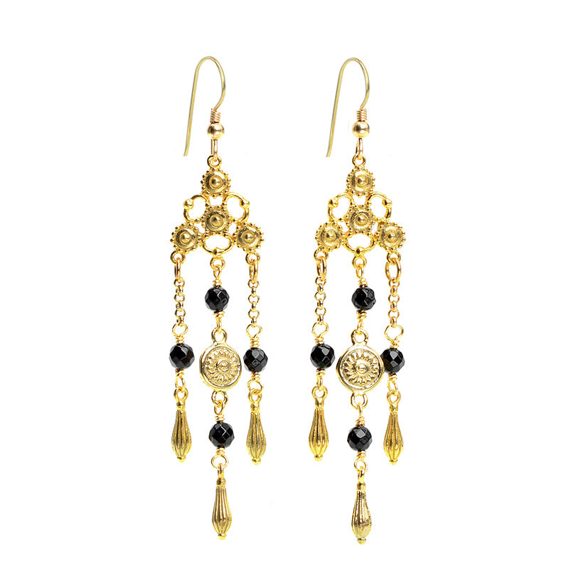 Luxurious Black Onyx Chandelier Gold Plated  Earrings