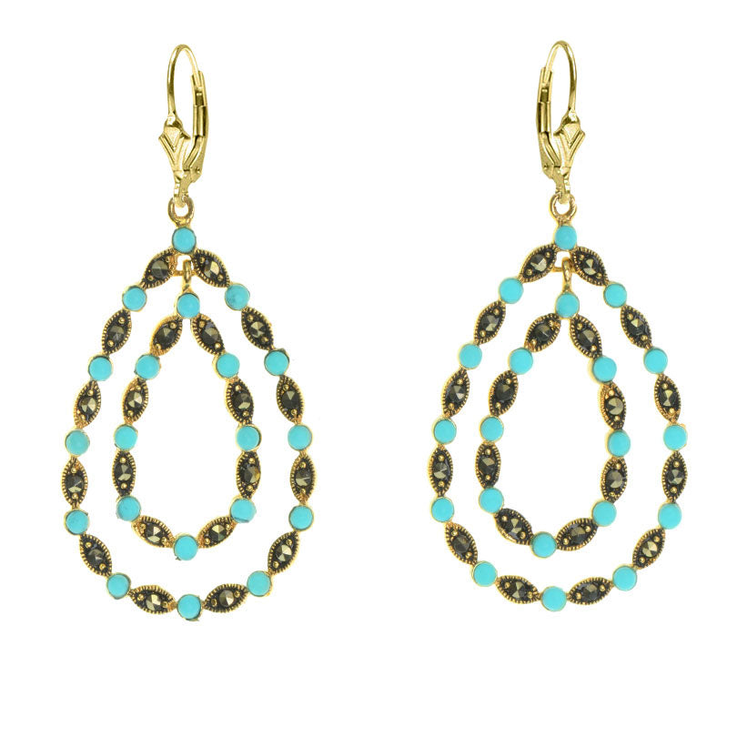 Fabulous 14kt Gold Plated Marcasite with Turquoise Accents Earrings