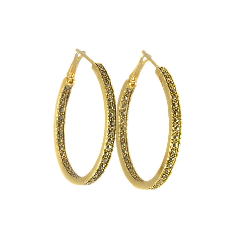 Beautiful 14kt Gold Plated Antique Finish Marcasite Hoop Earring-1-1/4"