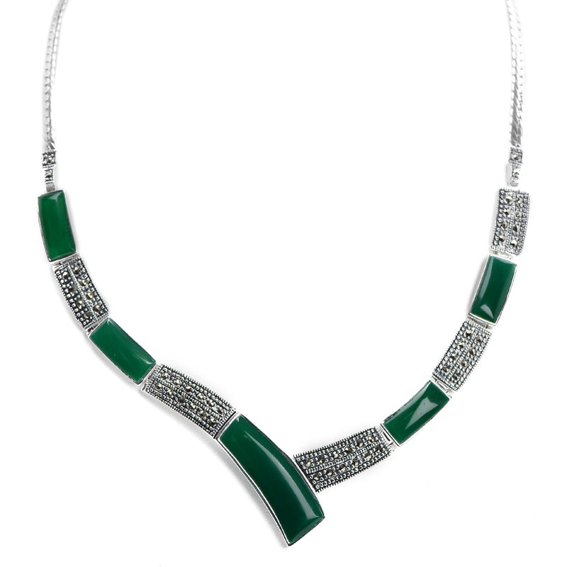 Divine Green Agate Marcasite Sterling Silver Statement Necklace