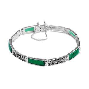Divine Green Agate & Marcasite Sterling Silver Bracelet