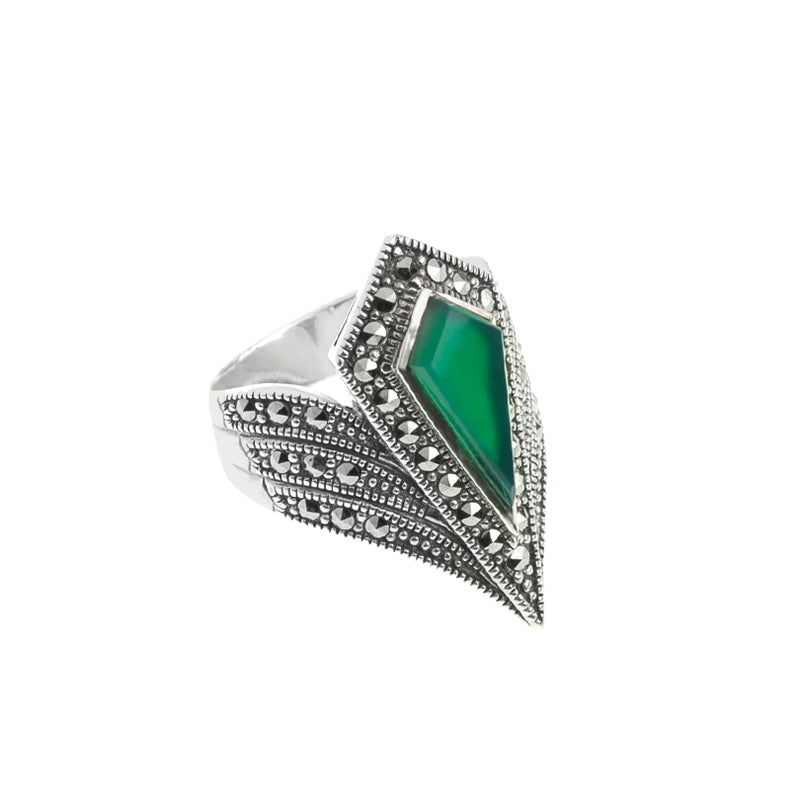Diamond Crest Sterling Silver Green Agate Marcasite Statement Ring