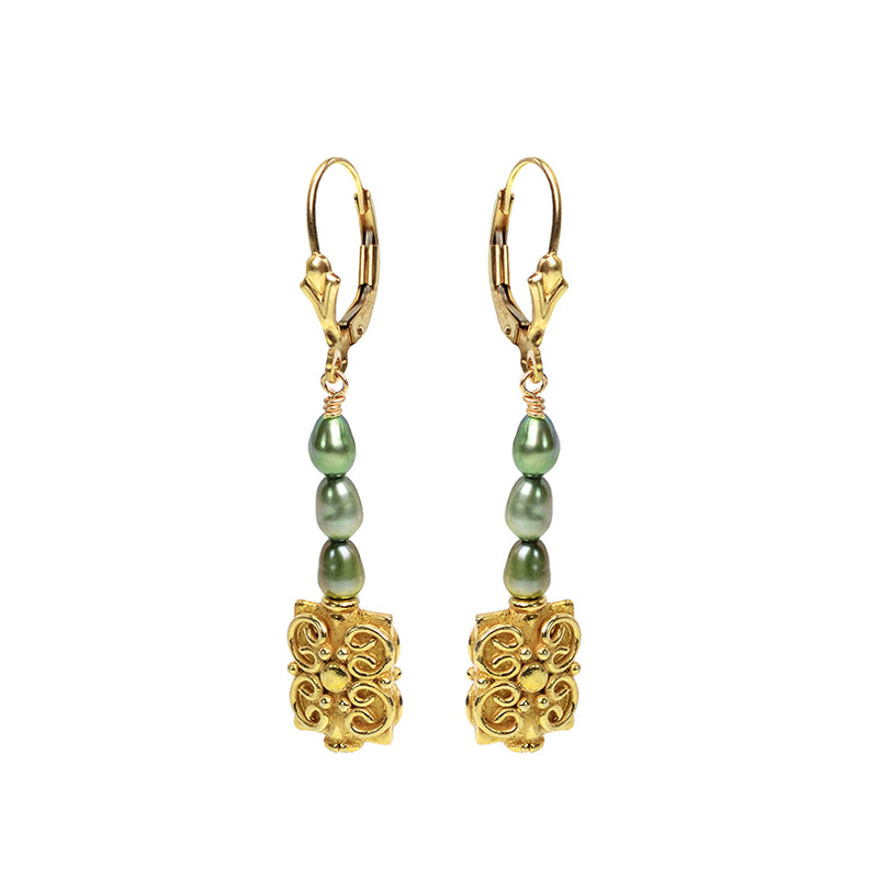 Vintage Inspired Green Fresh Water Pearl Earrings With Gold Filled Hooks
