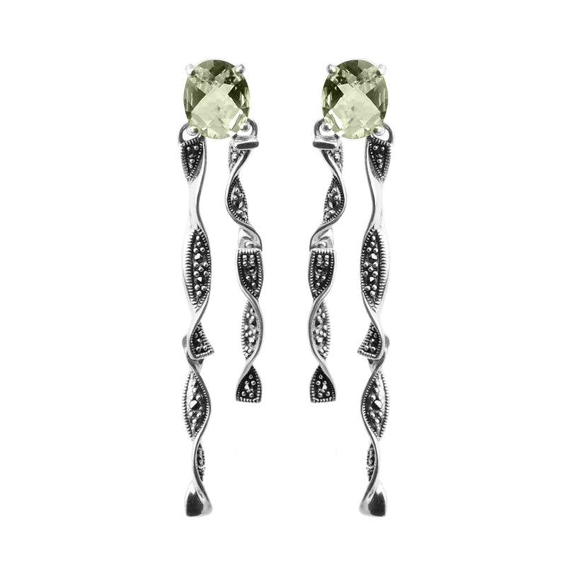 Elegant Faceted Green Amethyst  Twisted Ribbon Marcasite Sterling Silver Statement Earrings