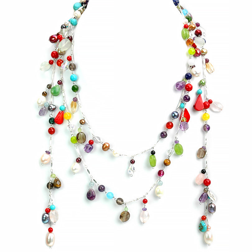 Gorgeous Semiprecious Stones Sterling Silver Happy Wrapping Lariat Statement Necklace 60"