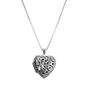 Gorgeous "Mom" Heart Locket with Marcasite on Rhodium Plated Sterling Silver Chain
