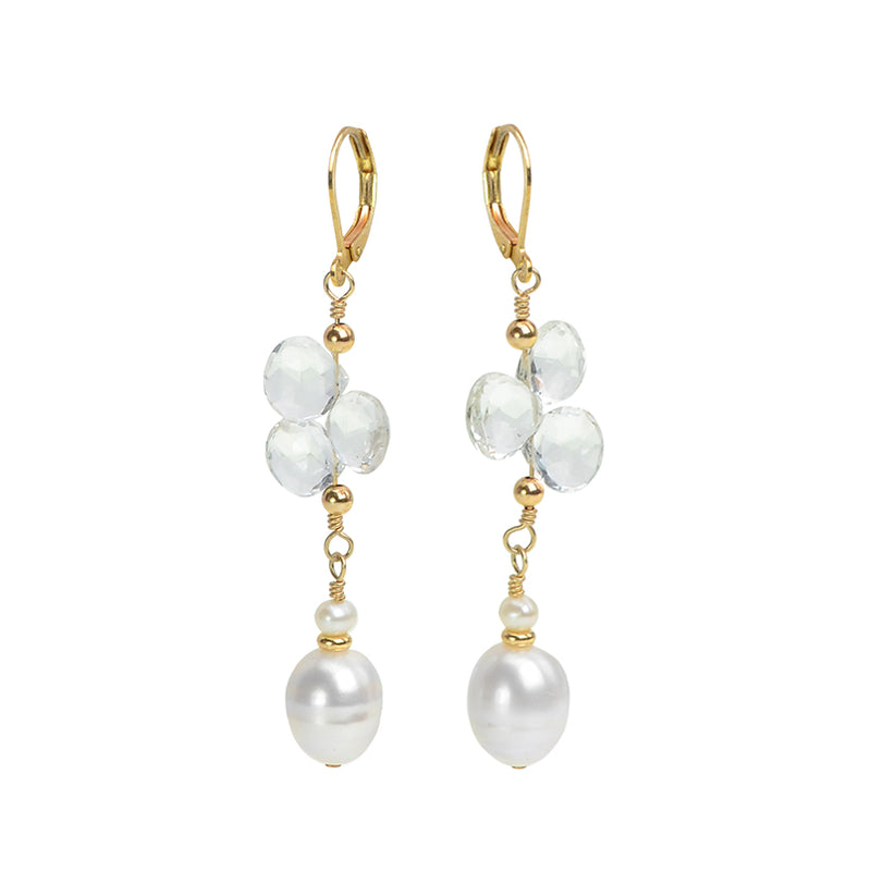 Glamorous Fresh Water Pearl and Ice Quartz Earrings on Gold Filled Earrings