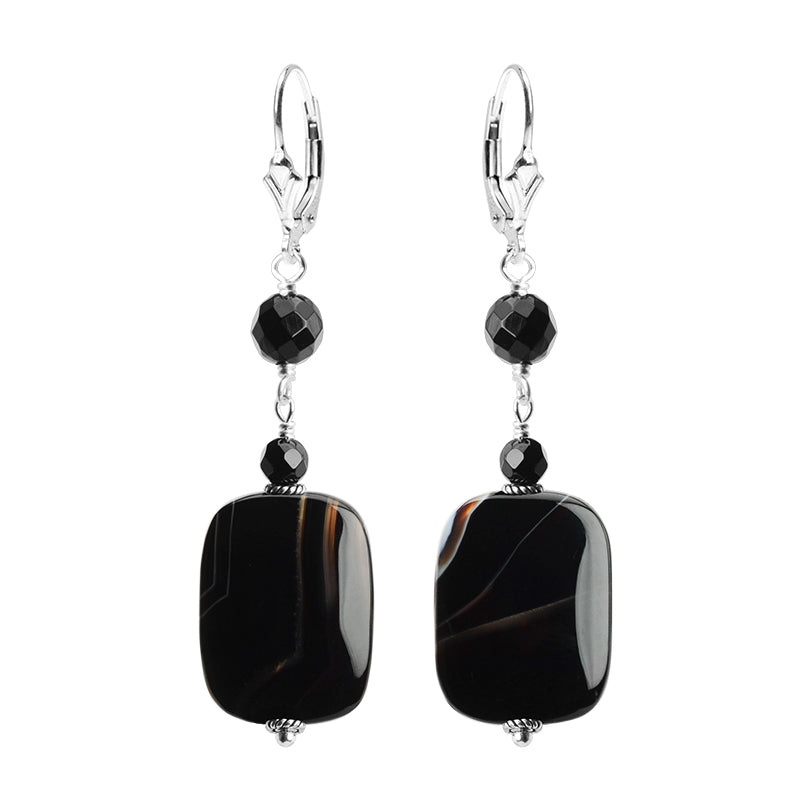 Classic Black Onyx Banded Agate Sterling Silver Earrings