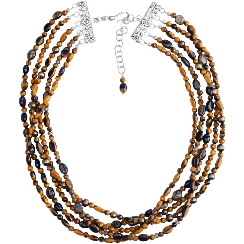 Lush Tiger's-Eye, Smoky Quartz, Fresh Water Pearl Sterling Silver Statement Necklace