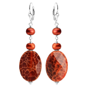 Luxurious Fire Agate and Fresh Water Pearl Sterling Silver Earrings
