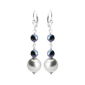 Glamorous Silver Shell Pearls and Blue Fresh Water Pearl Earrings with Sterling Silver Hooks
