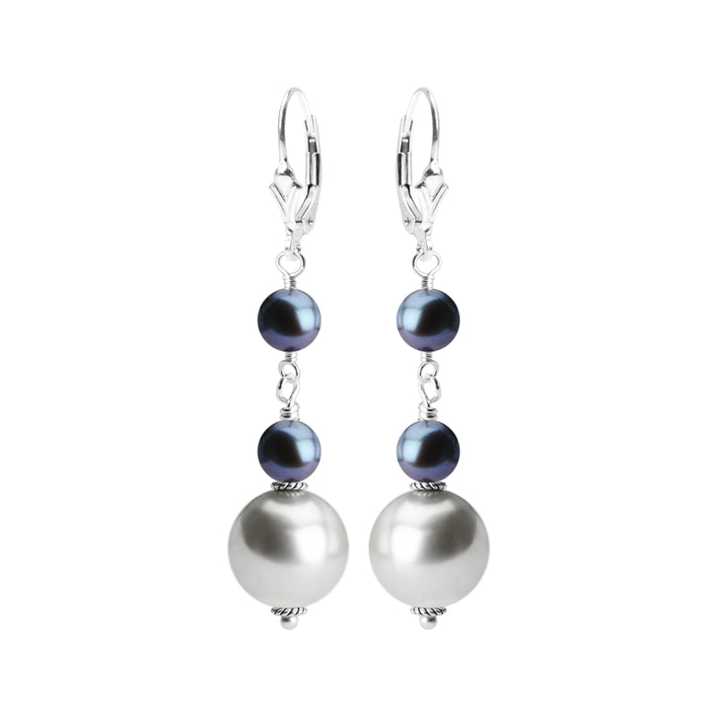 Glamorous Silver Shell Pearls and Blue Fresh Water Pearl Earrings with Sterling Silver Hooks