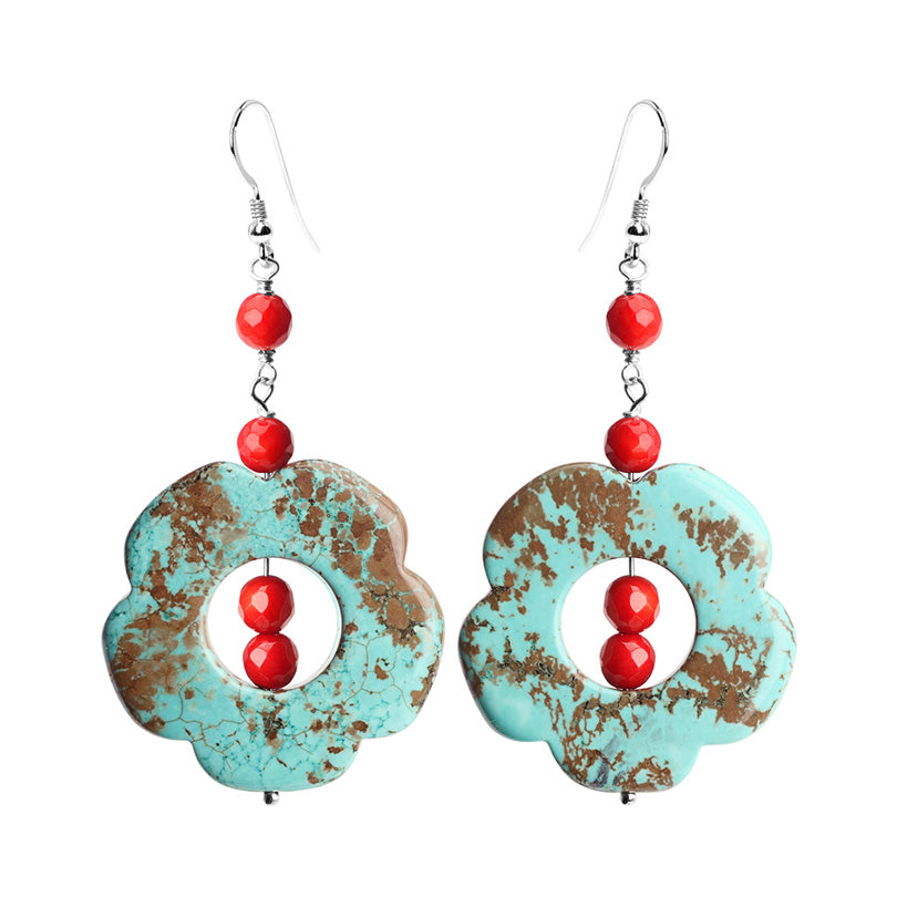 Whimsical Chalk Turquoise and Bamboo Coral Flower Sterling Silver Earrings