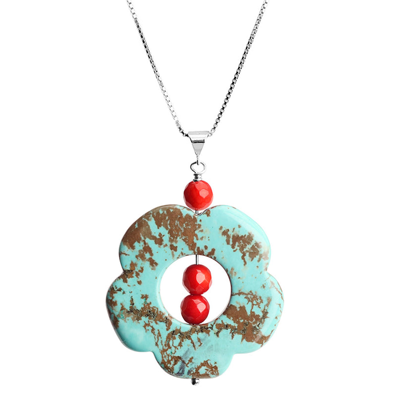 Vibrant Coral and Light Blue Chalk Turquoise Sterling Silver Necklace