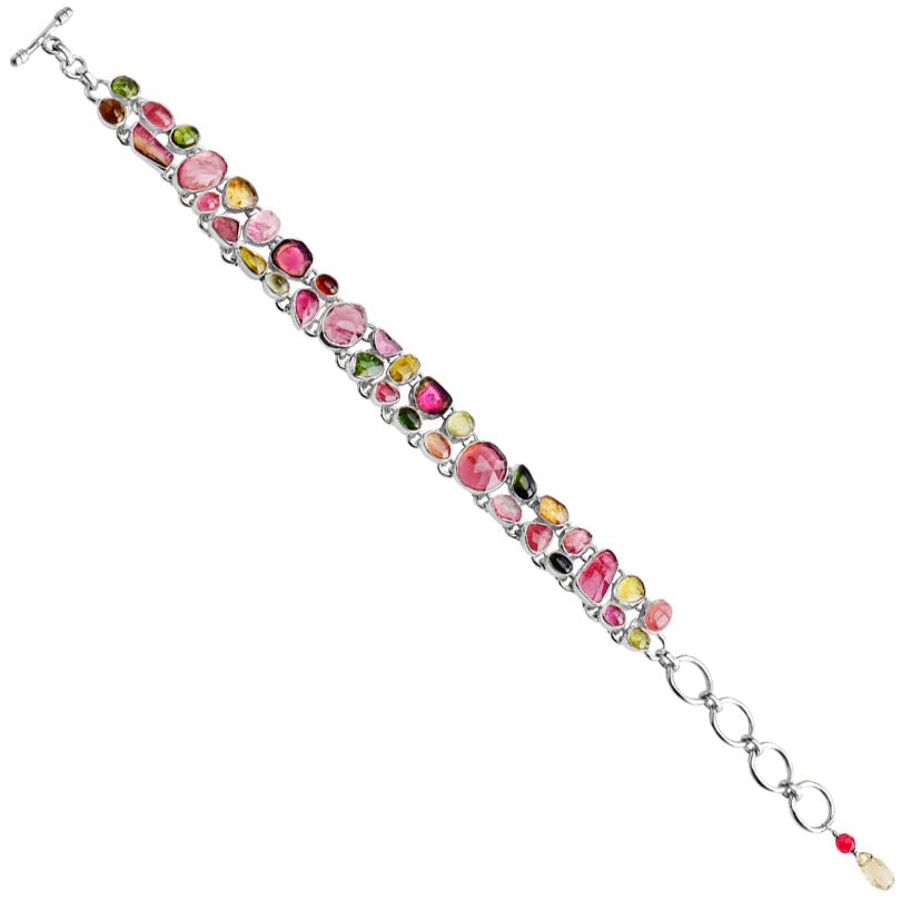 Brilliant Rainbow of Tourmaline Stones Sterling Silver Statement Bracelet