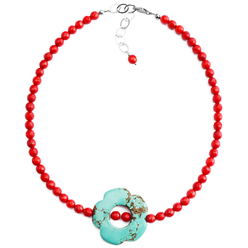 Adorably Bold Chalk Turquoise Flower on Coral Neckline