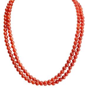 Deep Orange Carnelian Double Strand Beaded Silver Toggle Necklace