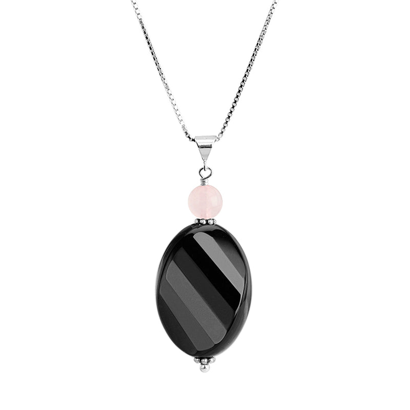 Beauitful Wave Cut Black Onyx and Rose Quartz Sterling Silver Necklace