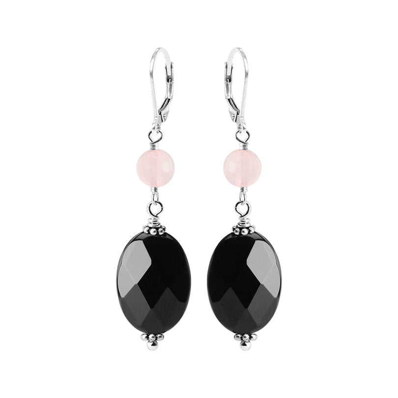 Lovely Black Onyx and Rose Quartz Sterling Silver Statement Earrings