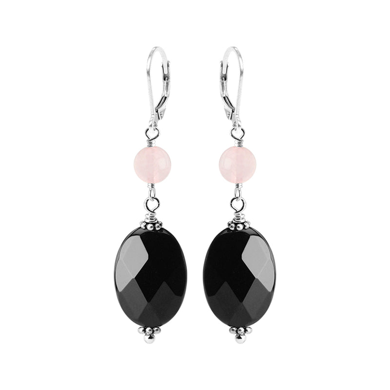 Lovely Black Onyx and Rose Quartz Sterling Silver Statement Earrings