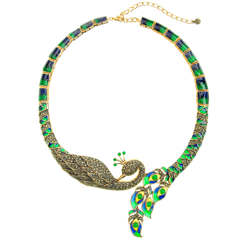 Beautiful Golden Marcasite & Green-Blue Enamel Imperial Peacock Necklace