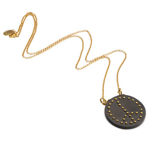 Karen London Rosewood Brass Studded Peace Necklace on Gold Plated Chain.
