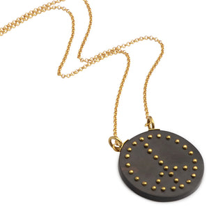 Karen London Rosewood Brass Studded Peace Necklace on Gold Plated Chain.