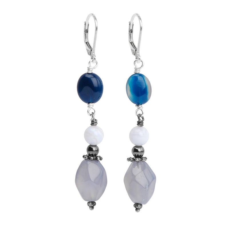 Gorgeous Periwinkle Chalcedony with Blue Kyanite and Lace Agate Sterling Silver Lever Back Earrings