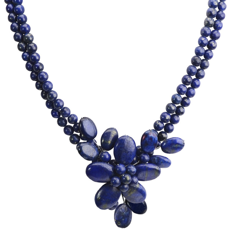 Navy Blue Lapis Flower Sterling Silver Necklace
