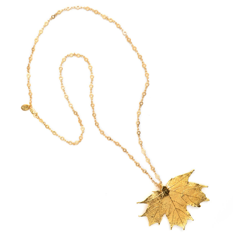 24kt Gold Saturated Real Maple Leaf Necklace on Long Gold Plated Chain 28-30
