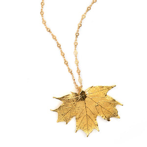 24kt Gold Saturated Real Maple Leaf Necklace on Long Gold Plated Chain 28-30"
