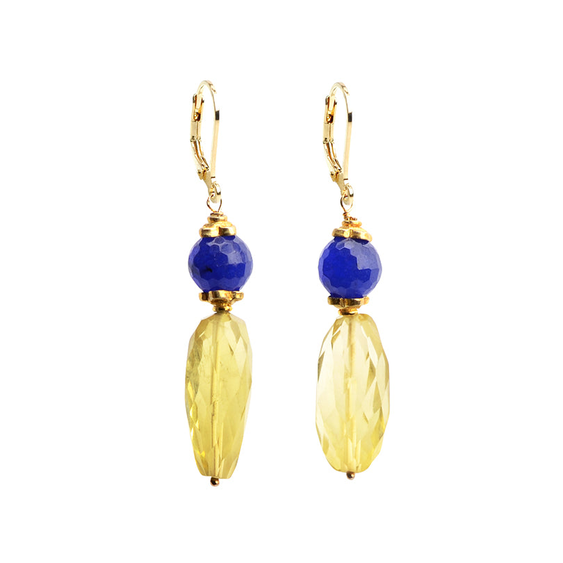Sparkling Faceted Lemon Quartz with Blue Agate & Gold Filled Lever-Back Earrings
