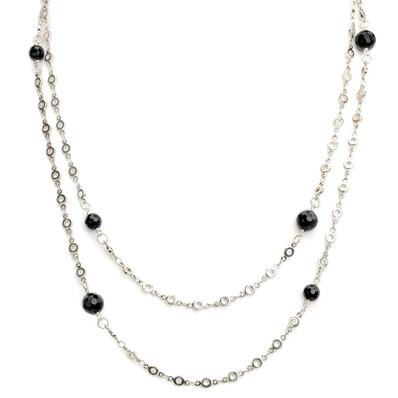 Long Onyx Silver Plated Necklace - 50"