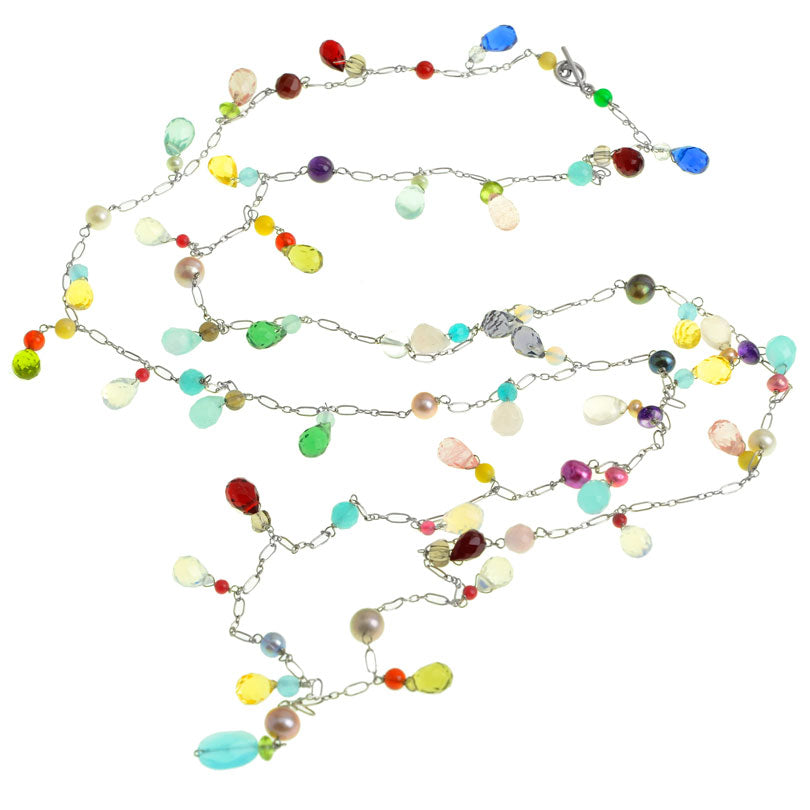 Gorgeous Semiprecious Long Happy Sterling Silver Necklace - 40"