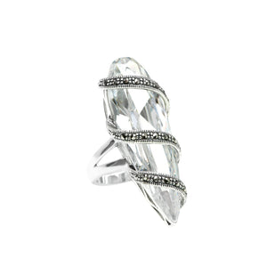 Shimmering Ice Cubic Zirconia Large and Long Sterling Silver Marcasite Ring