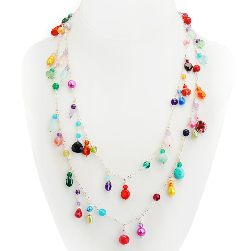 Vibrant Colorful Semiprecious Long Happy Sterling Silver Necklace - 43"