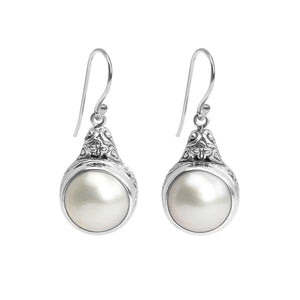Balinese White Mabe Pearl Sterling Silver Hook Statement Earrings