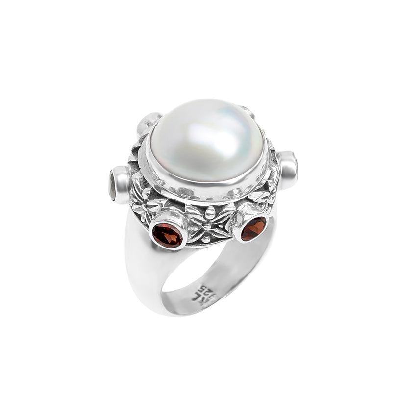 Gorgeous Mabe Pearl & Garnet Sterling Silver Ring
