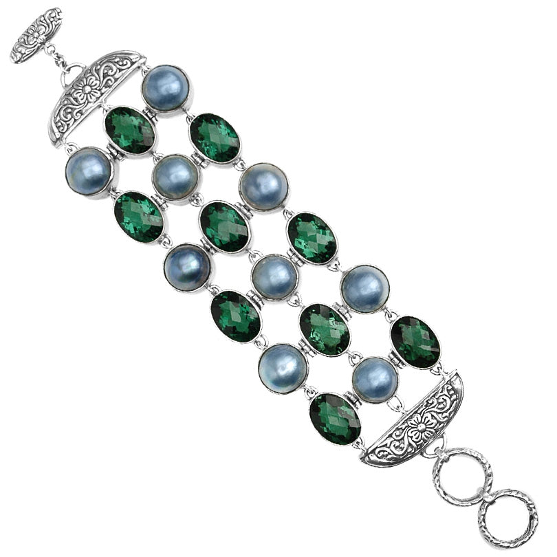 Magnificent Balinese  Faceted Emerald Green Quartz and Dark  Mabe Pearls Sterling Silver Statement Bracelet