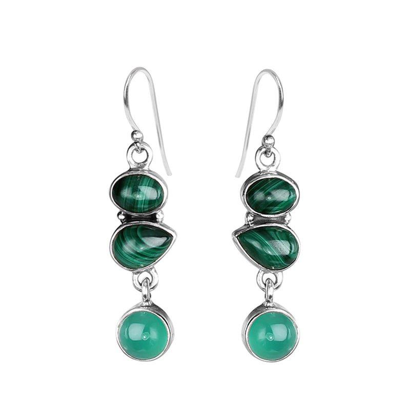 Fantastic Rich Green Colors of Malachite and Agate Sterling Silver Statement Earrings