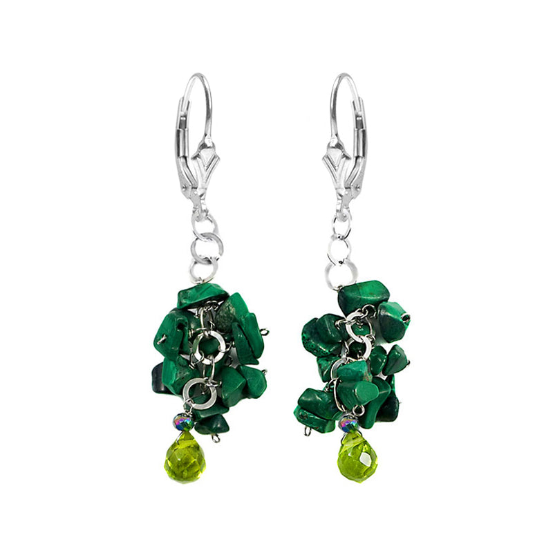 Clusters of Malachite and Crystal Sterling Silver Dangle Lever-Back Earrings