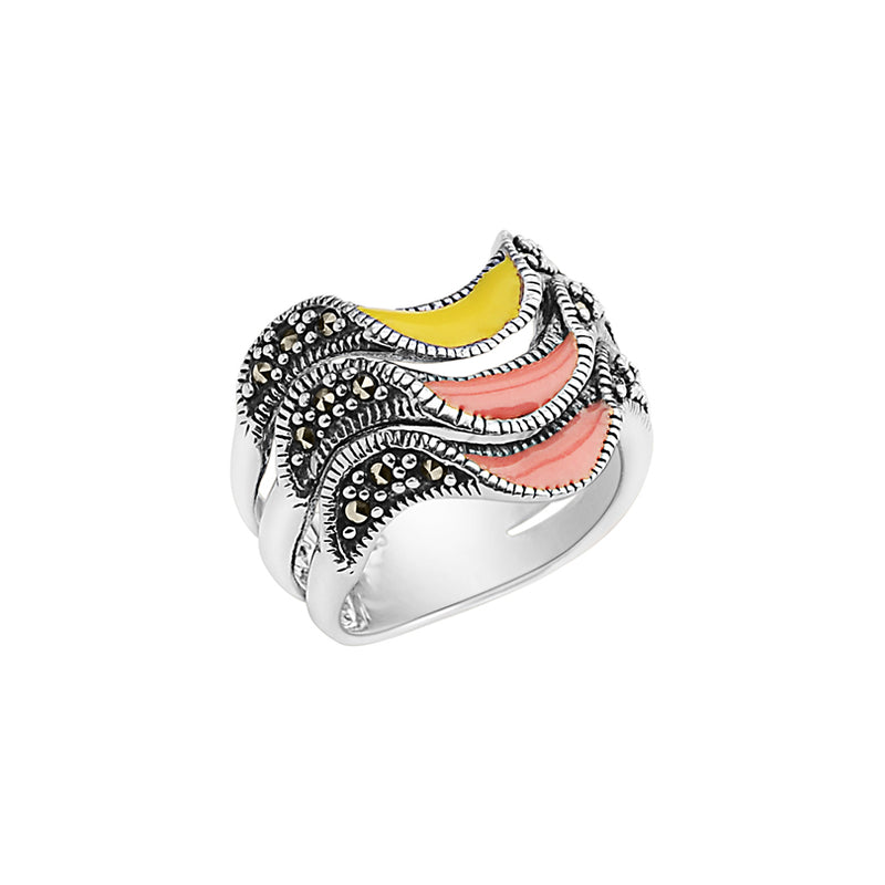 Tri-Color Layered Enamel and Marcasite Sterling Silver Ring
