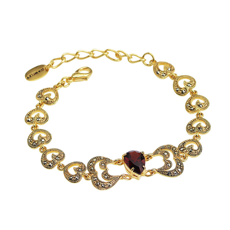 Victorian Design 14kt Gold Plated Marcasite Bracelet with Red CZ Stone.