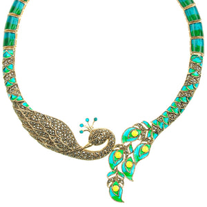 Golden Marcasite & Aquamarine Enamel Imperial Peacock Necklace