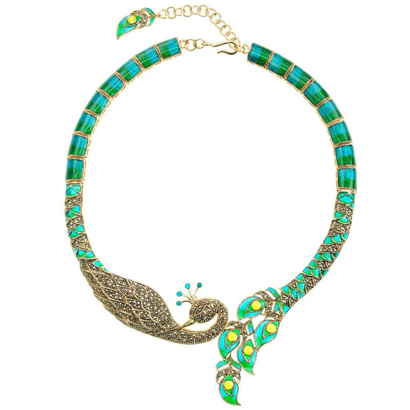 Golden Marcasite & Aquamarine Enamel Imperial Peacock Necklace