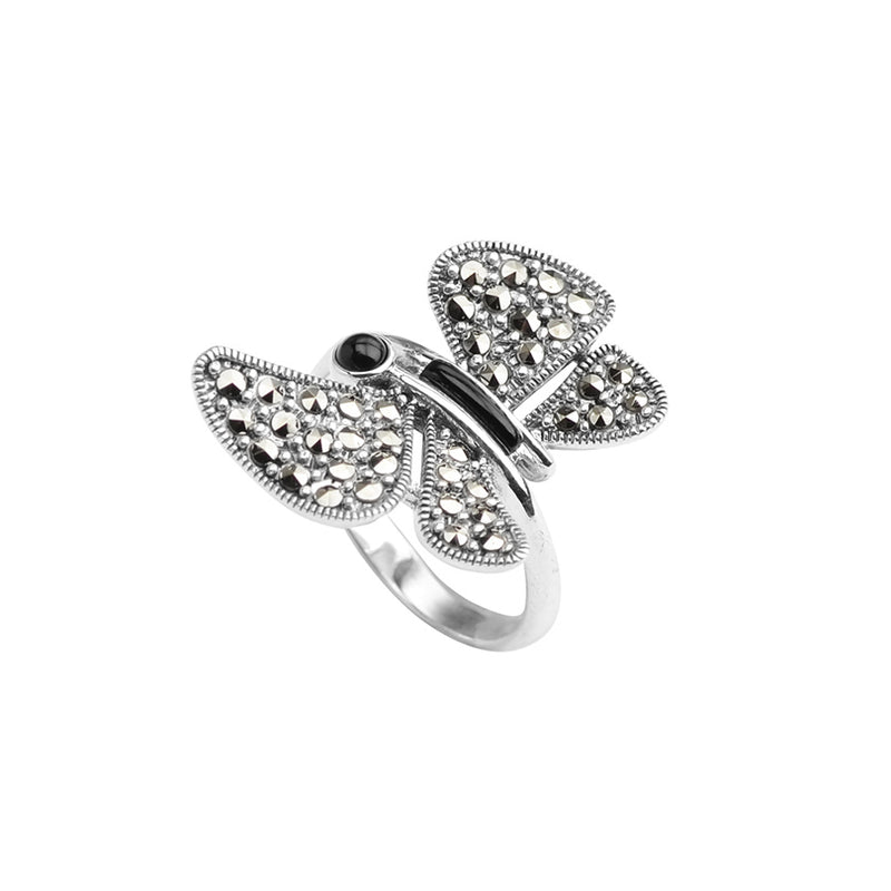 Sterling Silver Marcasite and Onyx Butterfly Ring