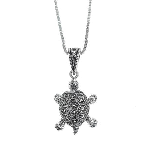 Adorable Sparkly Marcasite Turtle Sterling Silver Necklace
