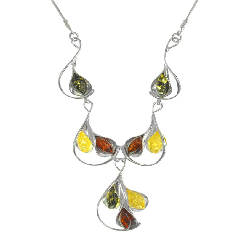 Exquisite Tulip Embrace Mixed Colors of  Baltic Amber Sterling Silver Statement Necklace